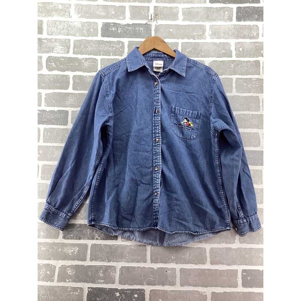 Vintage Disney Store Mickey Mouse Denim Button Down Shirt Blue L Large LS
